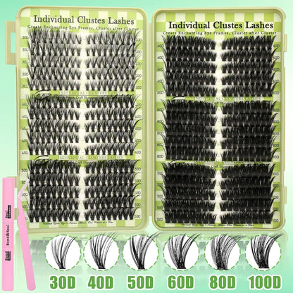 Lash Clusters Cat Eye Lash Clusters Kit Volume DIY Individual Lashes Clusters Lash Extension Kit 530Pcs Thin Band Wispy Lash Cluster Lash Bond and Seal Lash Tweezers