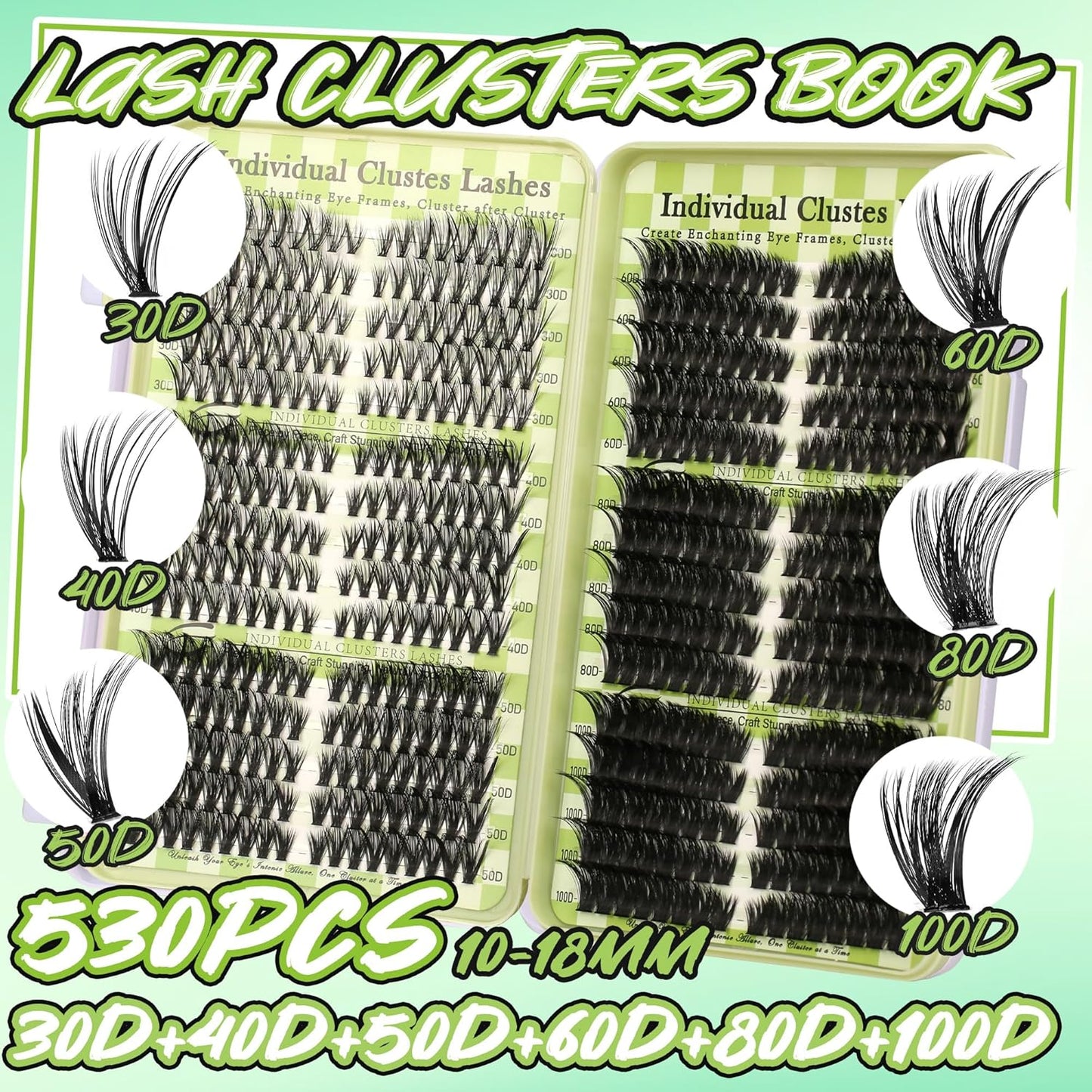 Lash Clusters Cat Eye Lash Clusters Kit Volume DIY Individual Lashes Clusters Lash Extension Kit 530Pcs Thin Band Wispy Lash Cluster Lash Bond and Seal Lash Tweezers