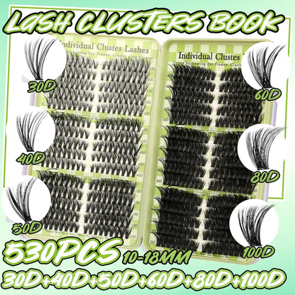 Lash Clusters Cat Eye Lash Clusters Kit Volume DIY Individual Lashes Clusters Lash Extension Kit 530Pcs Thin Band Wispy Lash Cluster Lash Bond and Seal Lash Tweezers
