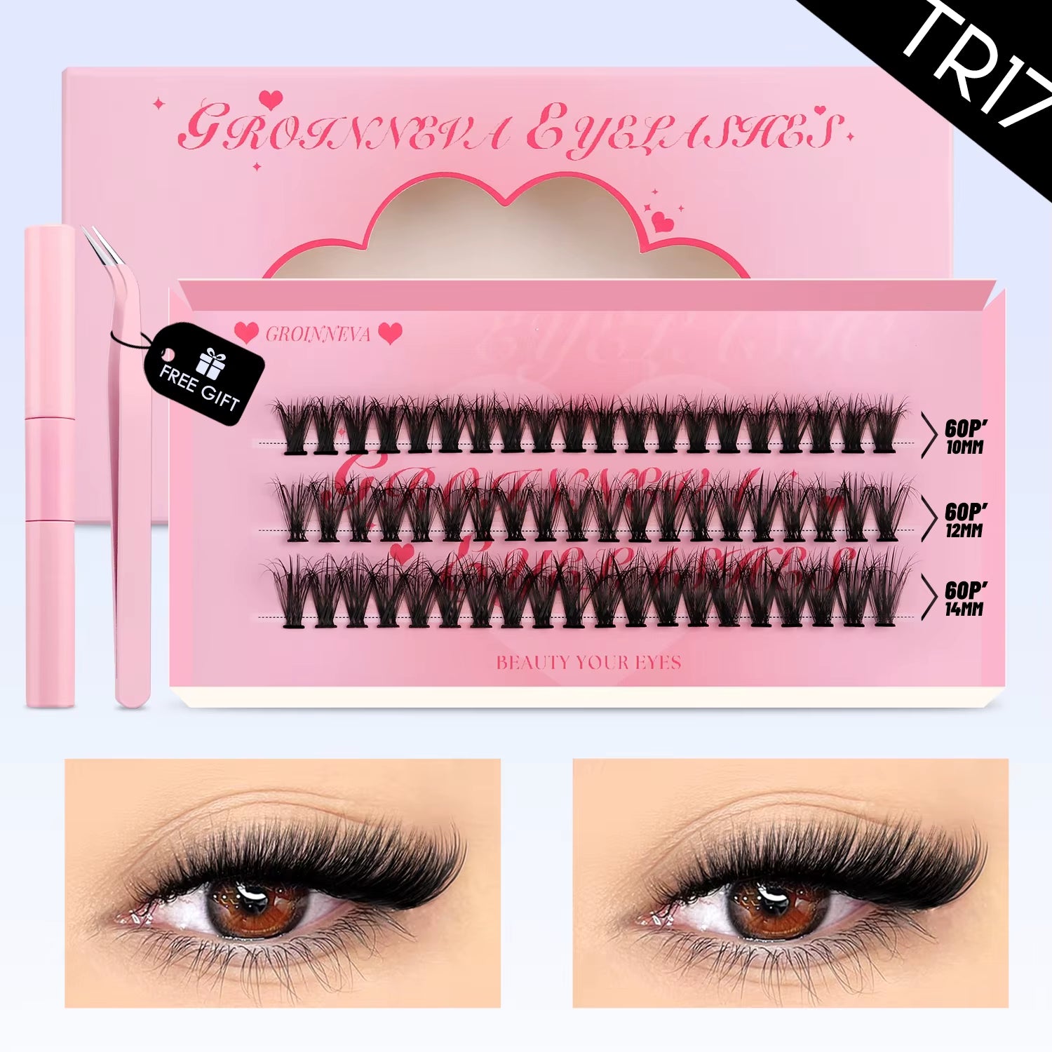 GROINNEYA DIY Lash Clusters Set Mixed Tray Lashes Kit Fluffy Individual Lashes Extension with Lash Bond and Seal at Home Makeup