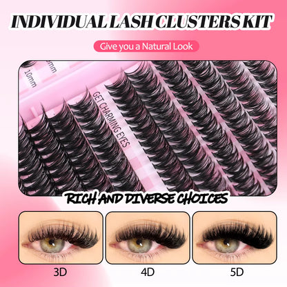 GROINNEYA DIY Lash Clusters Set Mixed Tray Lashes Kit Fluffy Individual Lashes Extension with Lash Bond and Seal at Home Makeup