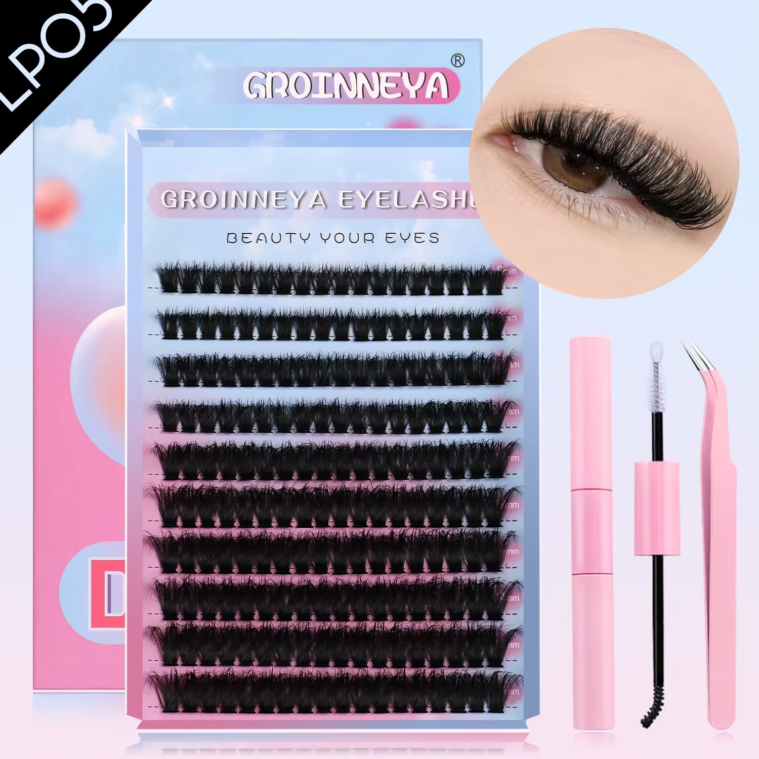 GROINNEYA DIY Lash Clusters Set Mixed Tray Lashes Kit Fluffy Individual Lashes Extension with Lash Bond and Seal at Home Makeup