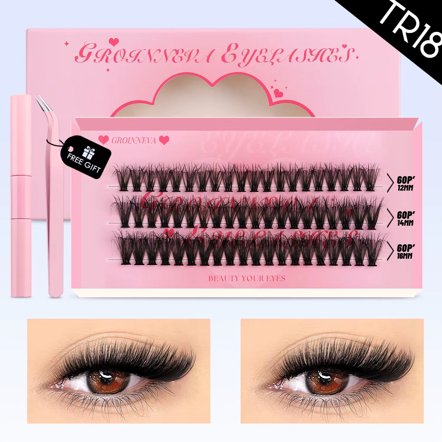 GROINNEYA DIY Lash Clusters Set Mixed Tray Lashes Kit Fluffy Individual Lashes Extension with Lash Bond and Seal at Home Makeup