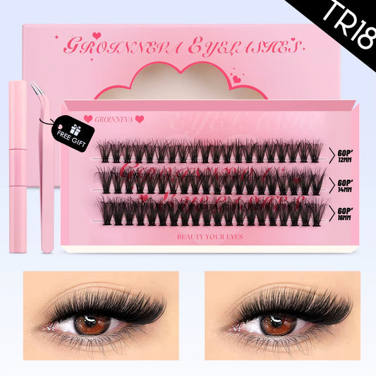GROINNEYA DIY Lash Clusters Set Mixed Tray Lashes Kit Fluffy Individual Lashes Extension with Lash Bond and Seal at Home Makeup
