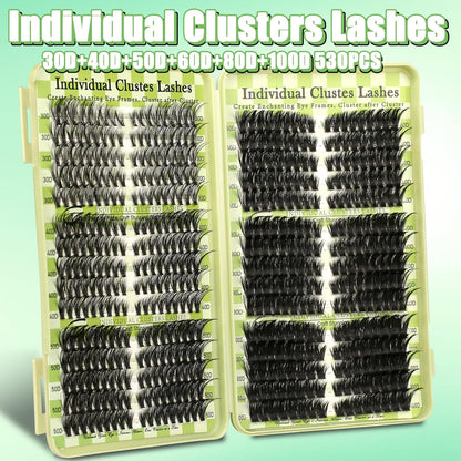 Lash Clusters Cat Eye Lash Clusters Kit Volume DIY Individual Lashes Clusters Lash Extension Kit 530Pcs Thin Band Wispy Lash Cluster Lash Bond and Seal Lash Tweezers