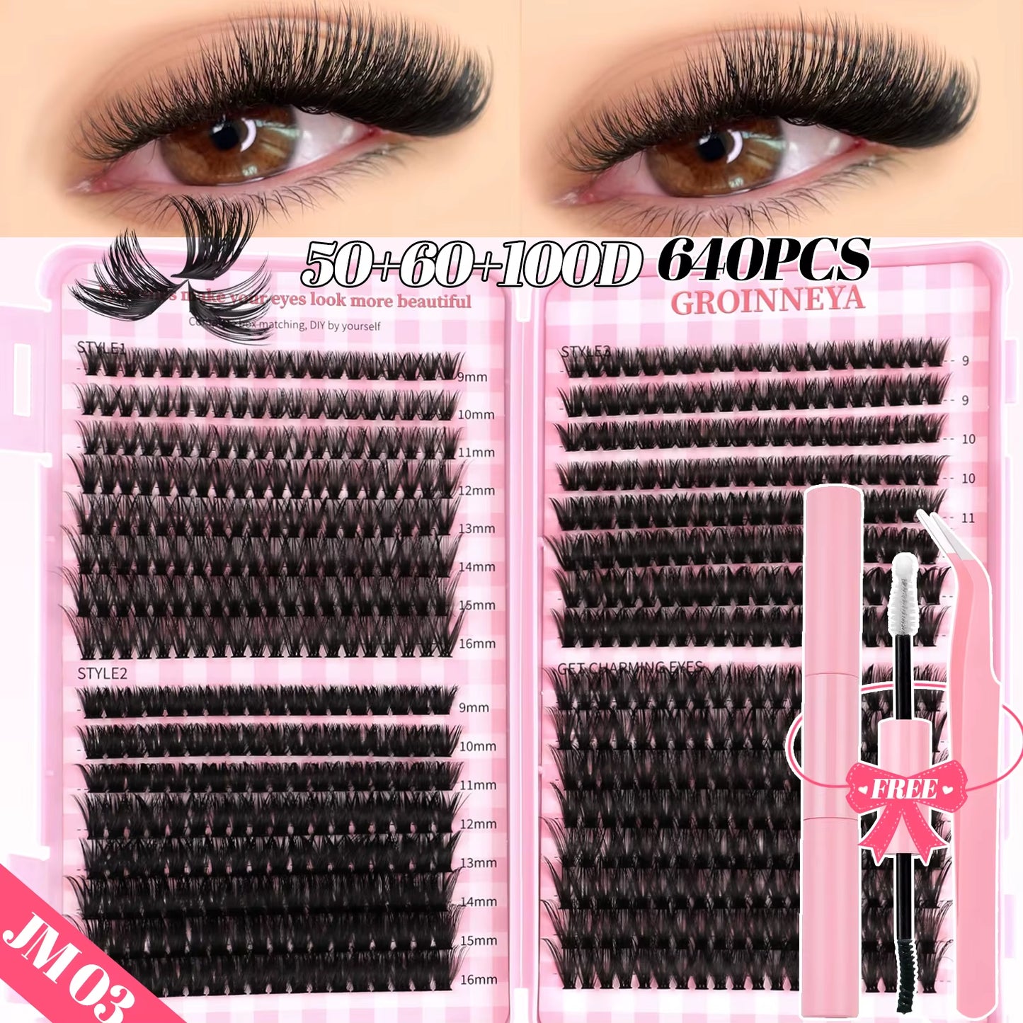 GROINNEYA DIY Lash Clusters Set Mixed Tray Lashes Kit Fluffy Individual Lashes Extension with Lash Bond and Seal at Home Makeup