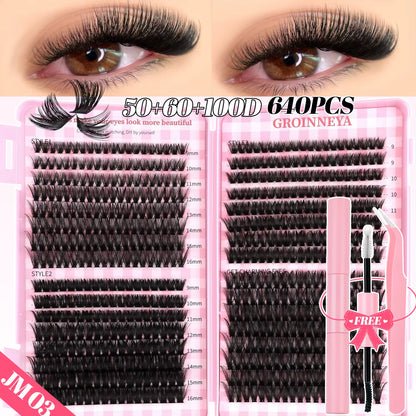 GROINNEYA DIY Lash Clusters Set Mixed Tray Lashes Kit Fluffy Individual Lashes Extension with Lash Bond and Seal at Home Makeup