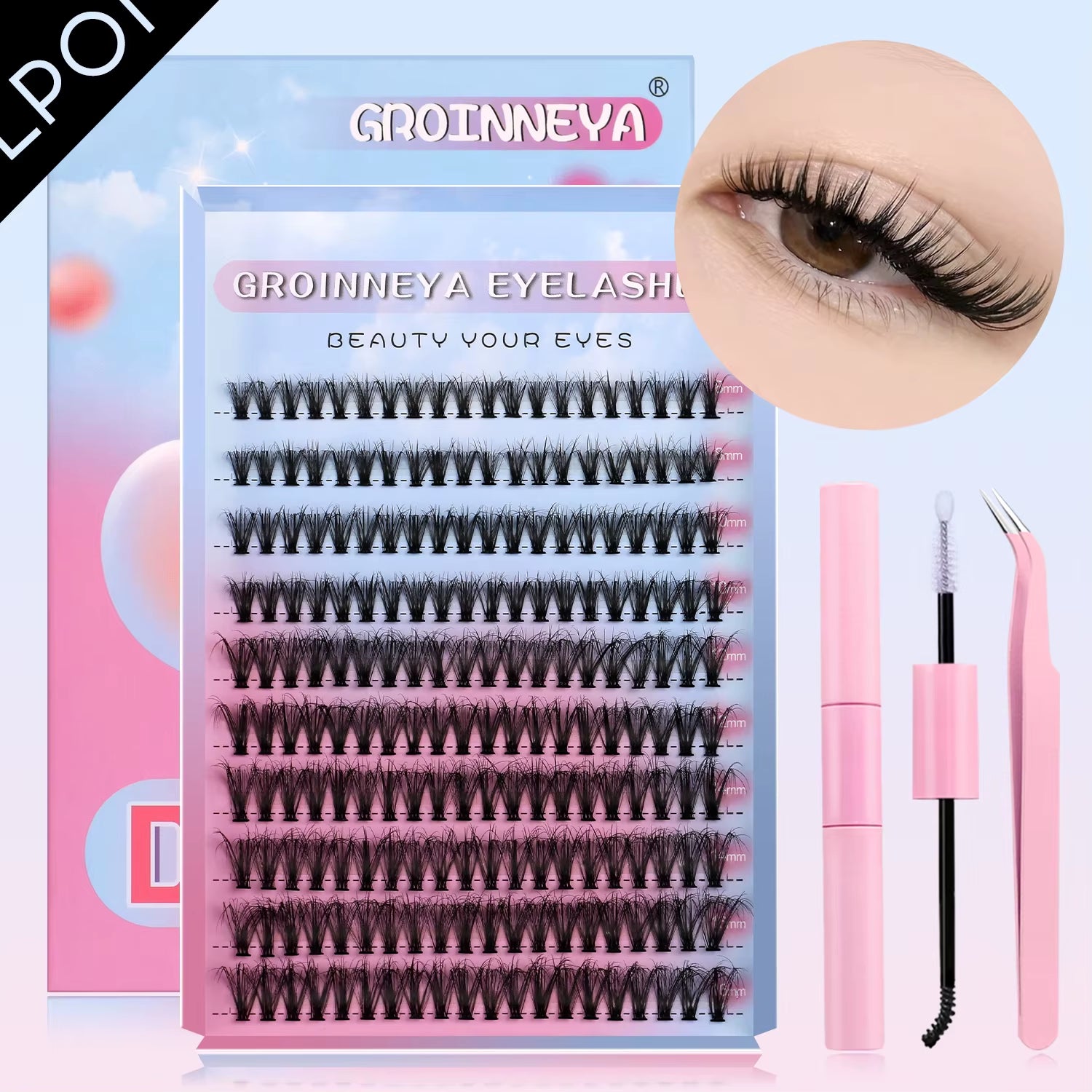 GROINNEYA DIY Lash Clusters Set Mixed Tray Lashes Kit Fluffy Individual Lashes Extension with Lash Bond and Seal at Home Makeup