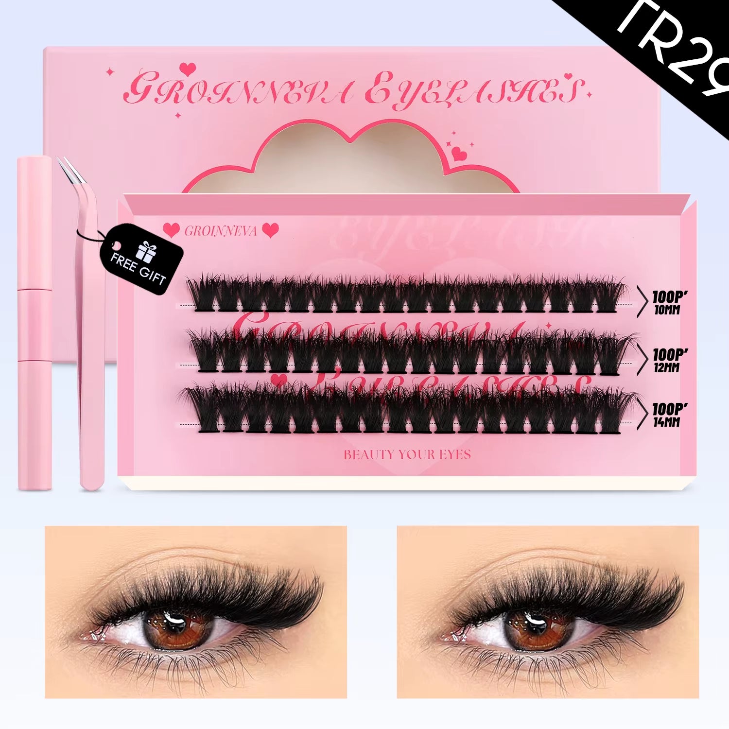 GROINNEYA DIY Lash Clusters Set Mixed Tray Lashes Kit Fluffy Individual Lashes Extension with Lash Bond and Seal at Home Makeup