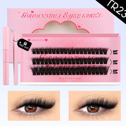 GROINNEYA DIY Lash Clusters Set Mixed Tray Lashes Kit Fluffy Individual Lashes Extension with Lash Bond and Seal at Home Makeup