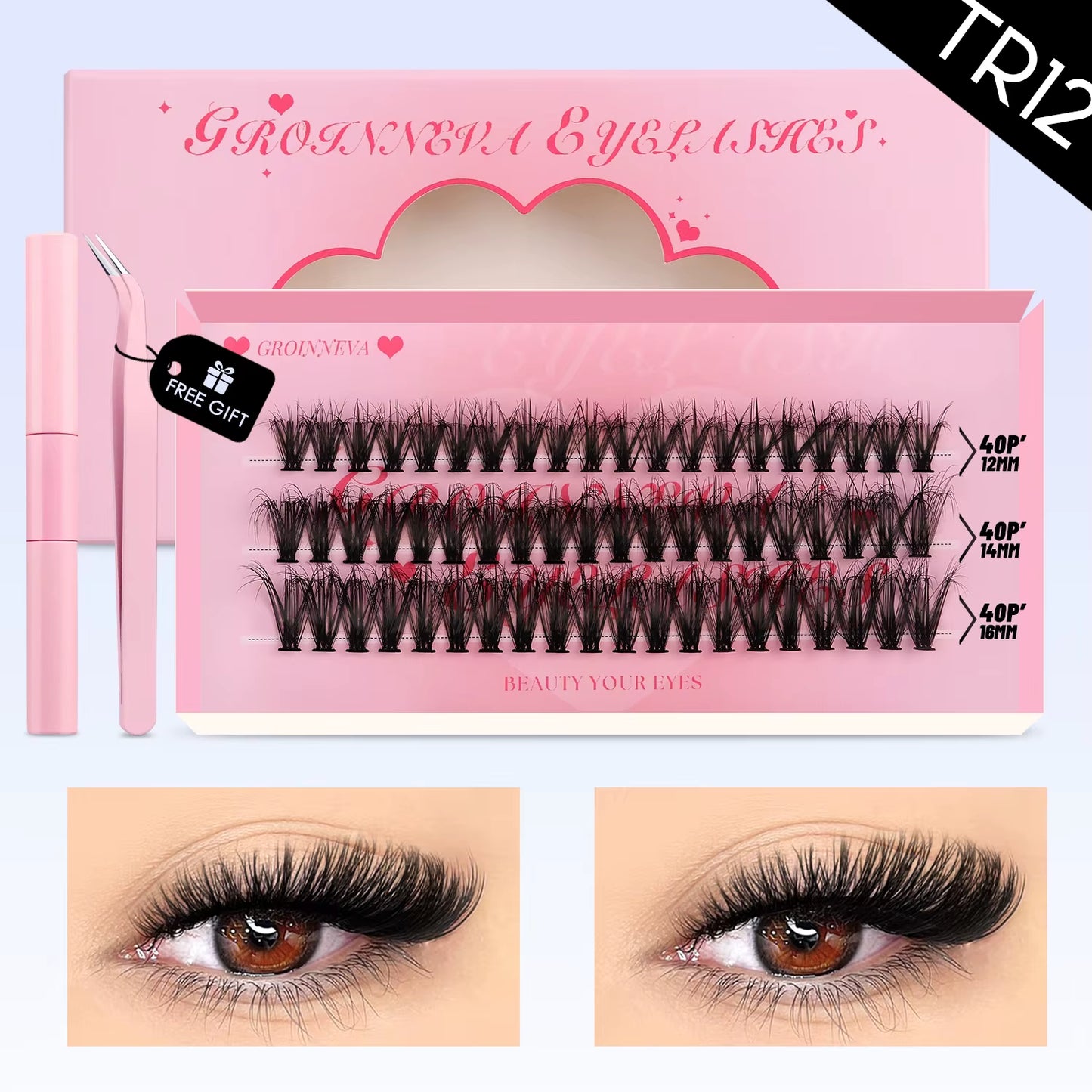 GROINNEYA DIY Lash Clusters Set Mixed Tray Lashes Kit Fluffy Individual Lashes Extension with Lash Bond and Seal at Home Makeup