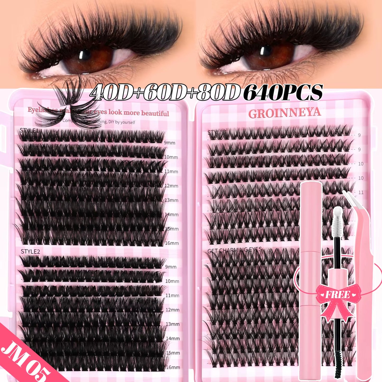 GROINNEYA DIY Lash Clusters Set Mixed Tray Lashes Kit Fluffy Individual Lashes Extension with Lash Bond and Seal at Home Makeup