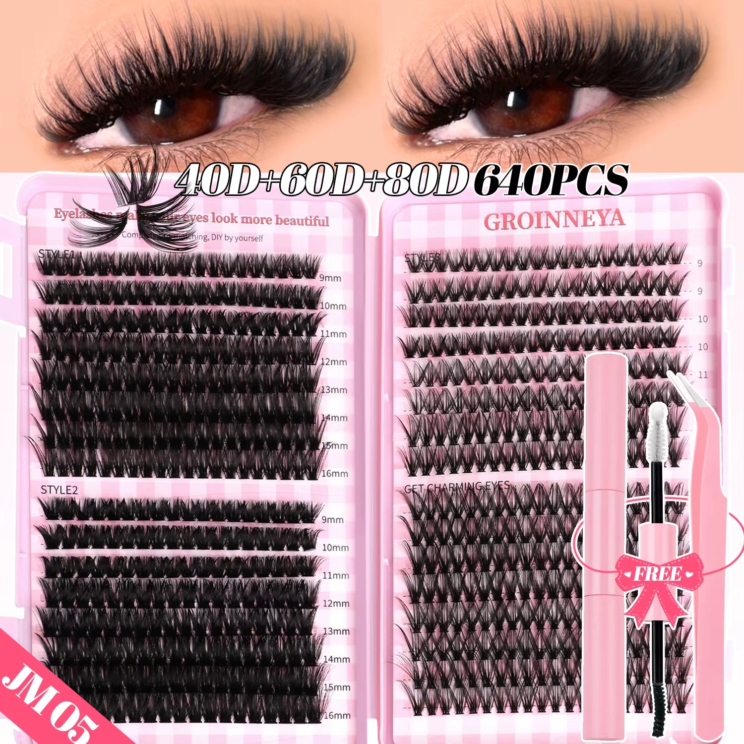 GROINNEYA DIY Lash Clusters Set Mixed Tray Lashes Kit Fluffy Individual Lashes Extension with Lash Bond and Seal at Home Makeup