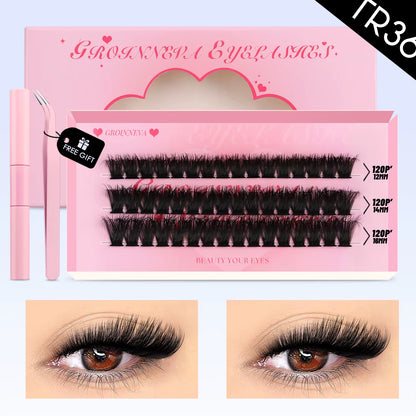GROINNEYA DIY Lash Clusters Set Mixed Tray Lashes Kit Fluffy Individual Lashes Extension with Lash Bond and Seal at Home Makeup