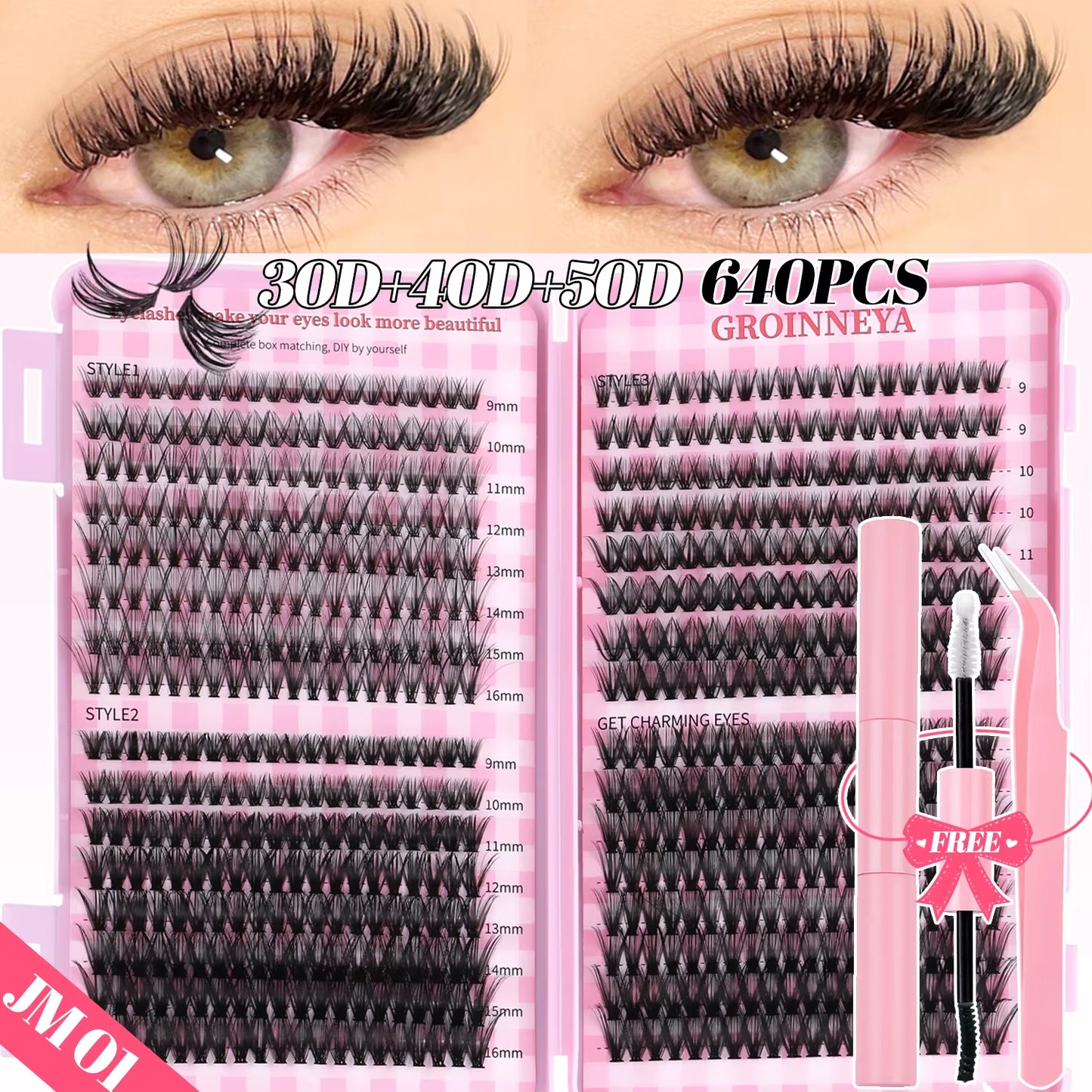 GROINNEYA DIY Lash Clusters Set Mixed Tray Lashes Kit Fluffy Individual Lashes Extension with Lash Bond and Seal at Home Makeup