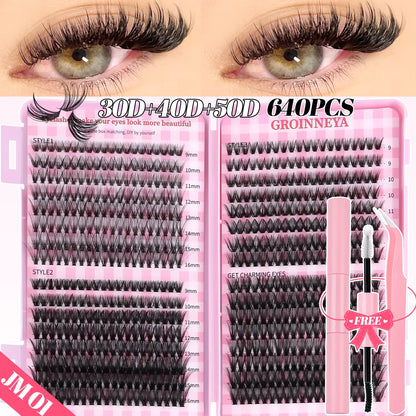 GROINNEYA DIY Lash Clusters Set Mixed Tray Lashes Kit Fluffy Individual Lashes Extension with Lash Bond and Seal at Home Makeup
