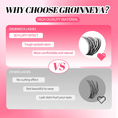 GROINNEYA DIY Lash Clusters Set Mixed Tray Lashes Kit Fluffy Individual Lashes Extension with Lash Bond and Seal at Home Makeup