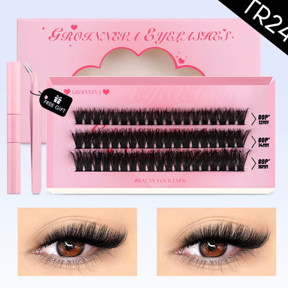 GROINNEYA DIY Lash Clusters Set Mixed Tray Lashes Kit Fluffy Individual Lashes Extension with Lash Bond and Seal at Home Makeup