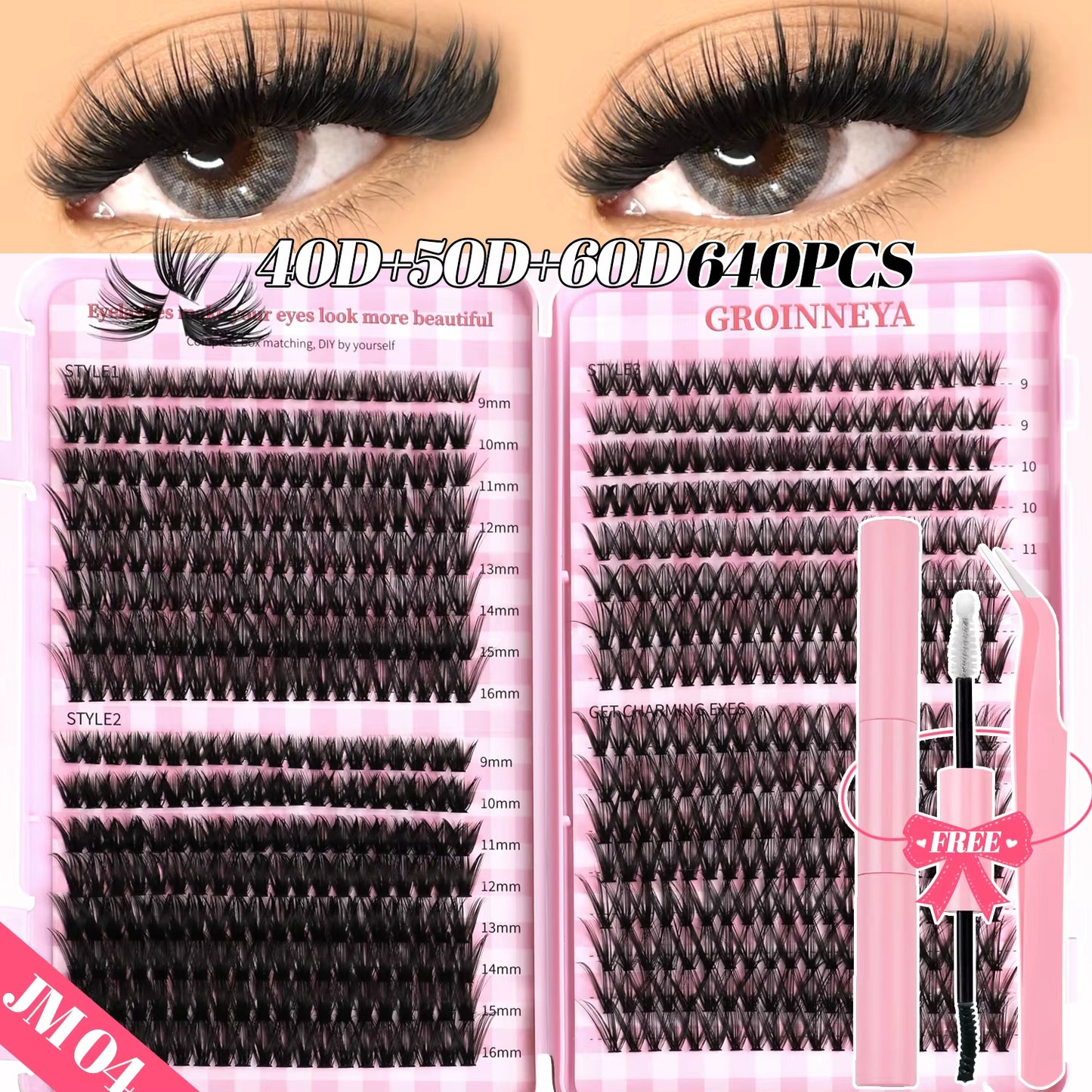 GROINNEYA DIY Lash Clusters Set Mixed Tray Lashes Kit Fluffy Individual Lashes Extension with Lash Bond and Seal at Home Makeup