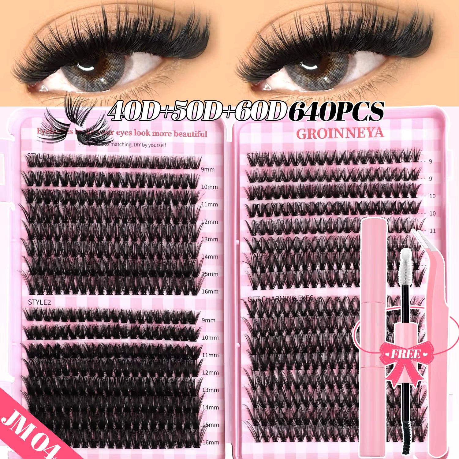 GROINNEYA DIY Lash Clusters Set Mixed Tray Lashes Kit Fluffy Individual Lashes Extension with Lash Bond and Seal at Home Makeup