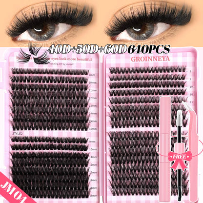 GROINNEYA DIY Lash Clusters Set Mixed Tray Lashes Kit Fluffy Individual Lashes Extension with Lash Bond and Seal at Home Makeup