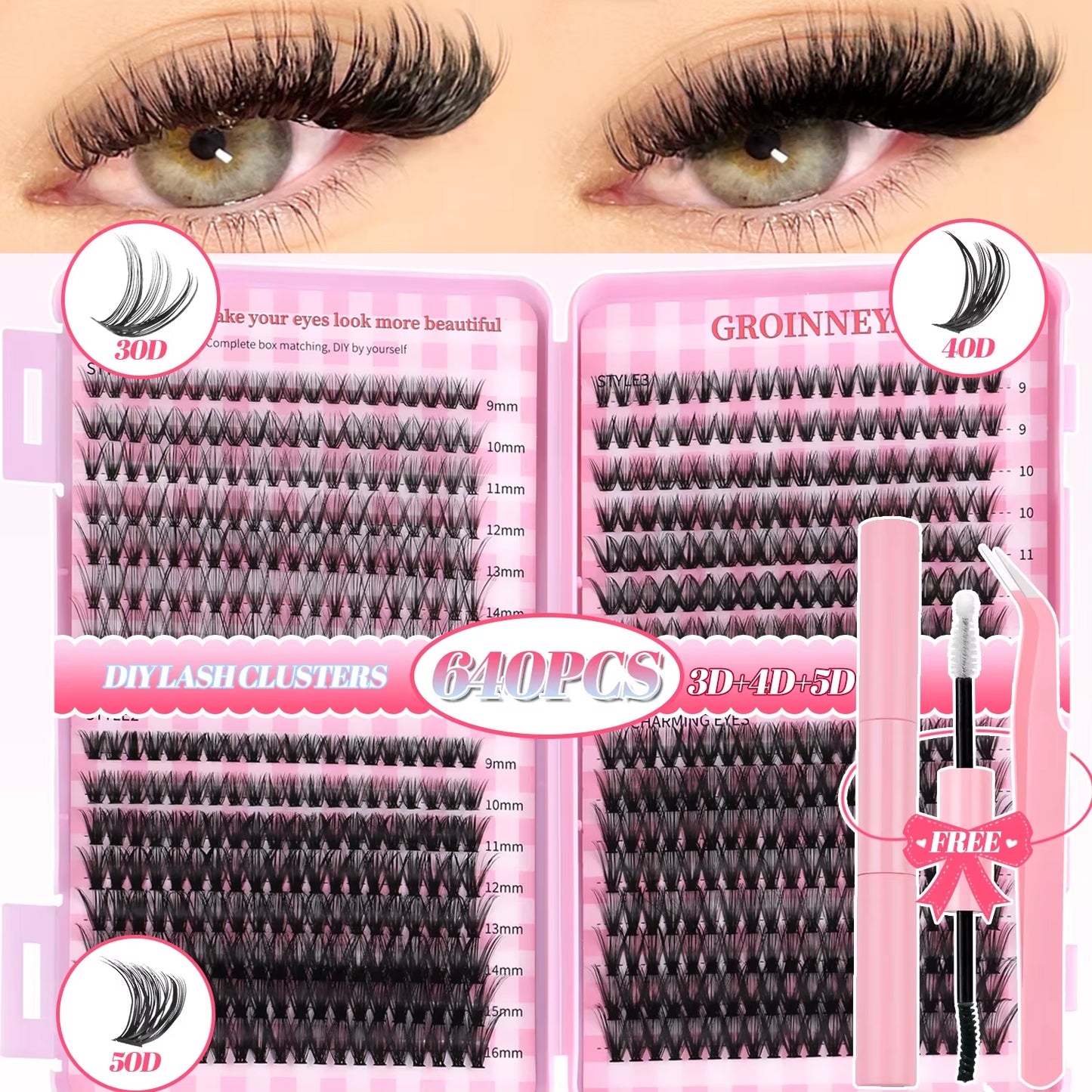 GROINNEYA DIY Lash Clusters Set Mixed Tray Lashes Kit Fluffy Individual Lashes Extension with Lash Bond and Seal at Home Makeup